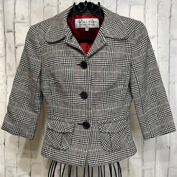 Trina Turk Jackets & Blazers - Trina Turk Blazer Plaid Wool Blend Cropped Fully Lined 3/4 Sleeve 3-Button